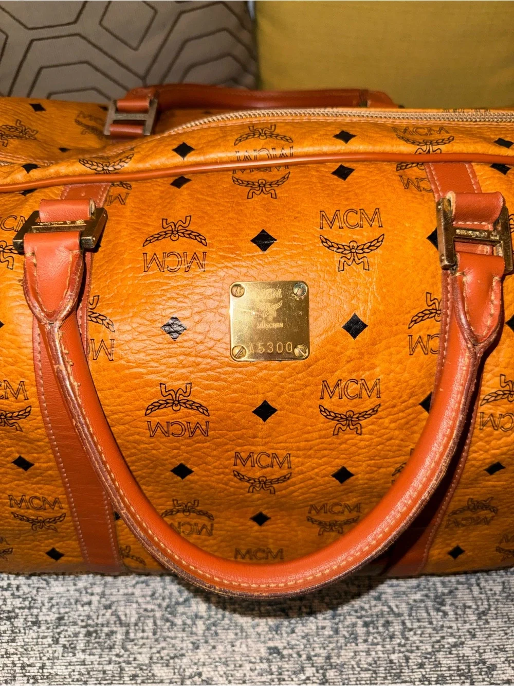 MCM Cognac Visetos Logo Duffel with Brown Leather Trim